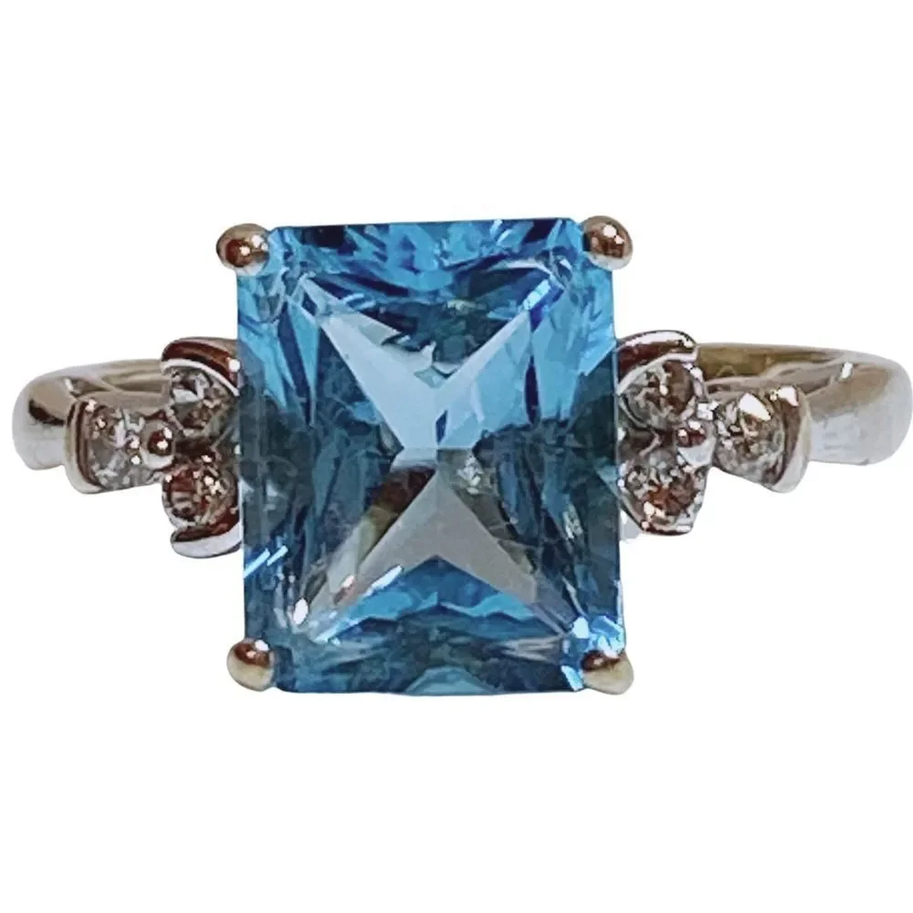 10k 10KT Karat Fine Solid White Gold Blue Topaz & Diamond Ring Women’s 6.5